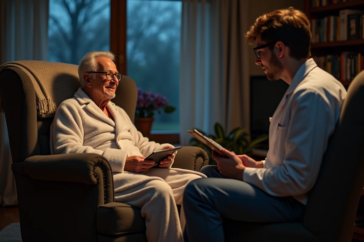 Personne âgée et accompagnant nocturne dans un salon familial lors d'une veille à domicile