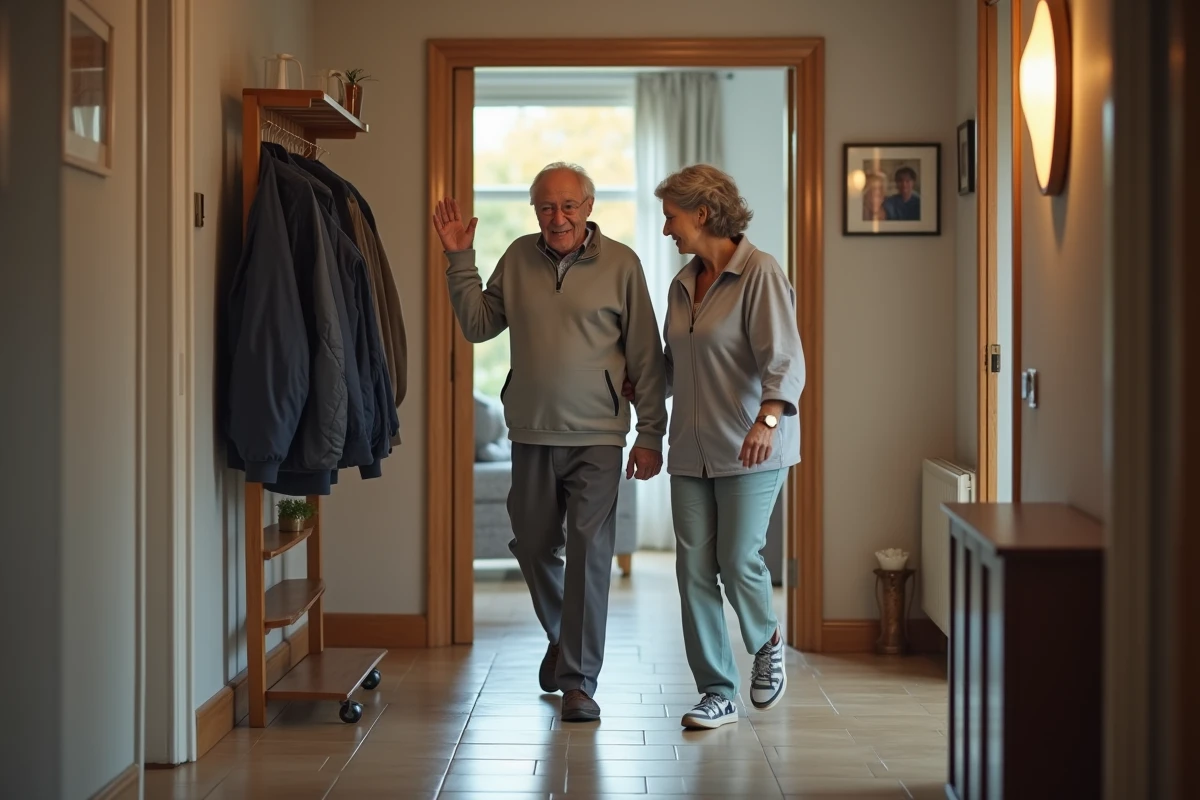 Un homme âgé hésitant sur le seuil d'une maison familiale d'accueil, accompagné d'une aidante qui l'accueille avec bienveillance.