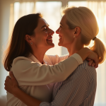 Femme et fille partageant un câlin chaleureux dans un salon ensoleille