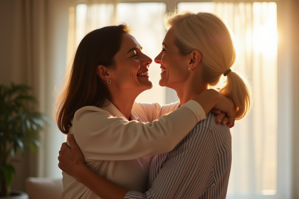 Femme et fille partageant un câlin chaleureux dans un salon ensoleille