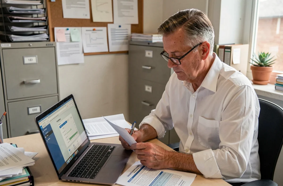 Agent administratif d'une structure d'aide consultant un guide d'intégration Logifil imprimé dans un bureau de back-office