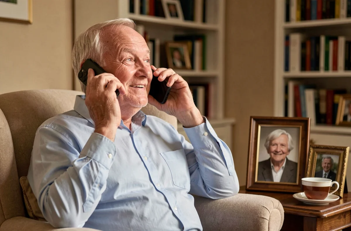 Aidant âgé soulagé en train de téléphoner à un service de soutien aux aidants depuis son salon