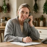 Aidante familiale en train de téléphoner à un service d'assistance pour aidants, assise dans une cuisine familiale chaleureuse