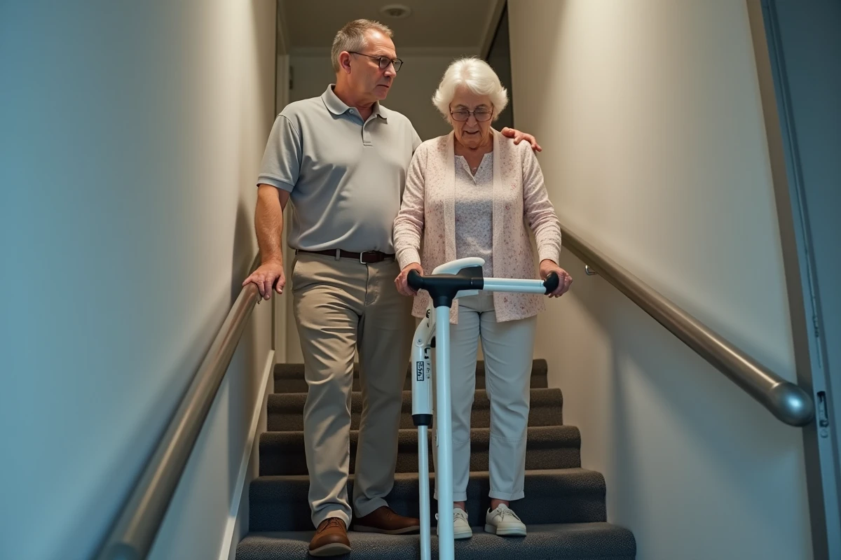 Homme aidant une personne âgée à monter un escalier avec un dispositif d'aide debout sans travaux d'installation