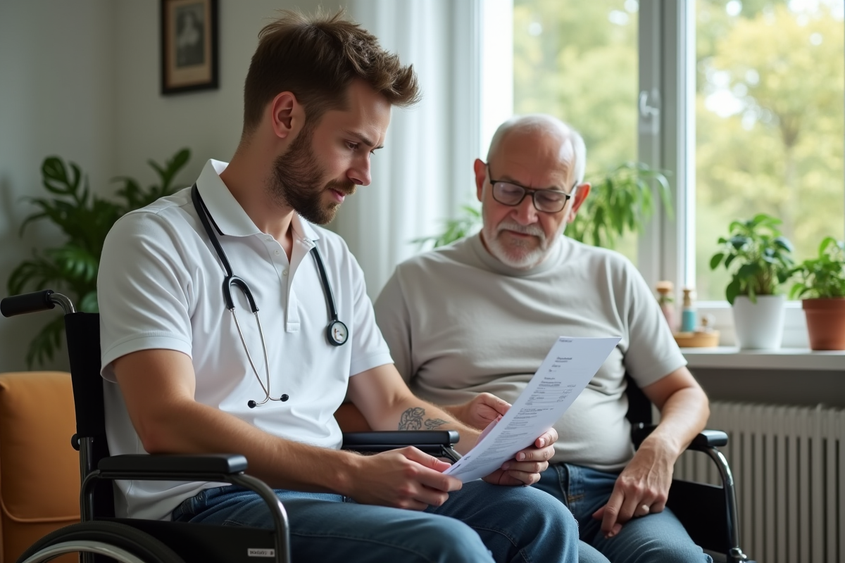 Jeune aide-soignant vérifiant une liste de médicaments dans un salon moderne