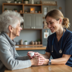 Aide-soignante aidant une personne âgée à prendre ses médicaments