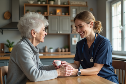 Aide-soignante aidant une personne âgée à prendre ses médicaments