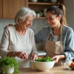 Femme senior et aide cuisine ensemble dans une cuisine chaleureuse