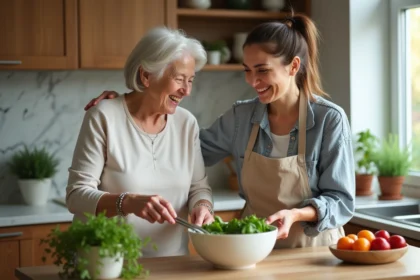 Femme senior et aide cuisine ensemble dans une cuisine chaleureuse