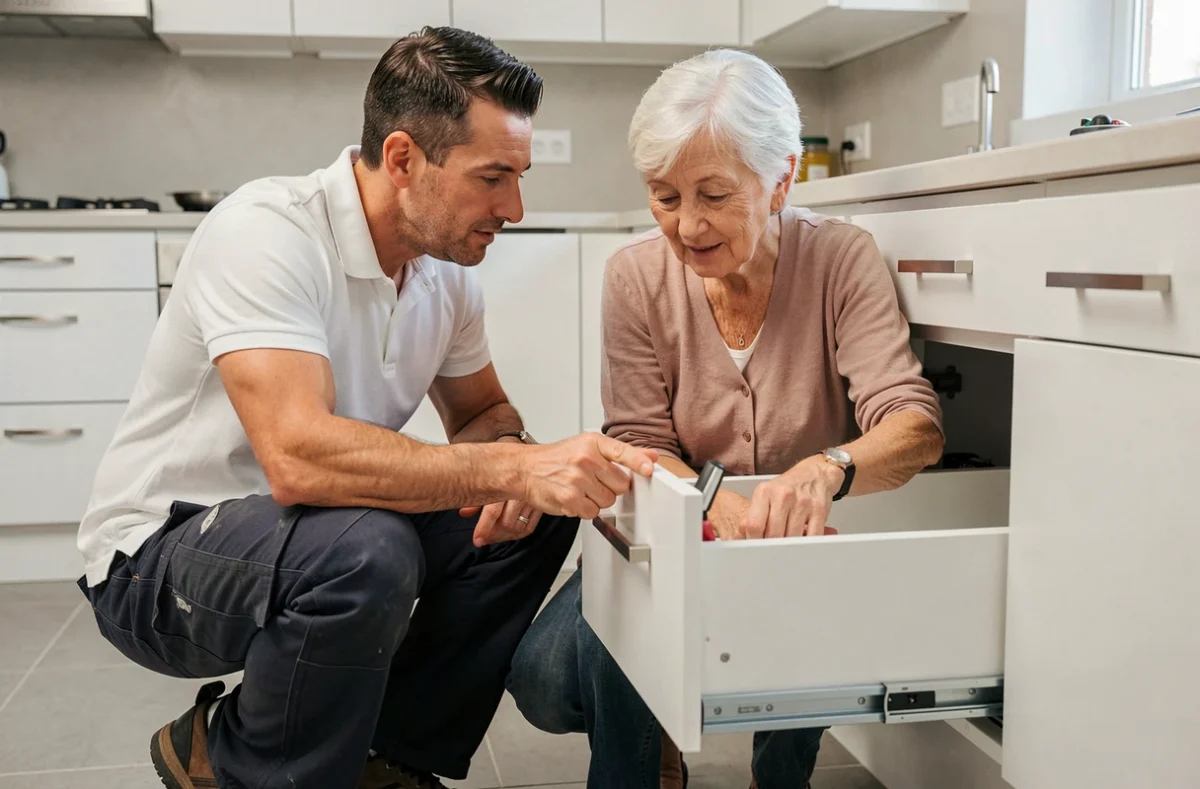 Artisan rénovateur expliquant des aménagements ergonomiques à une femme senior dans une cuisine adaptée au maintien à domicile