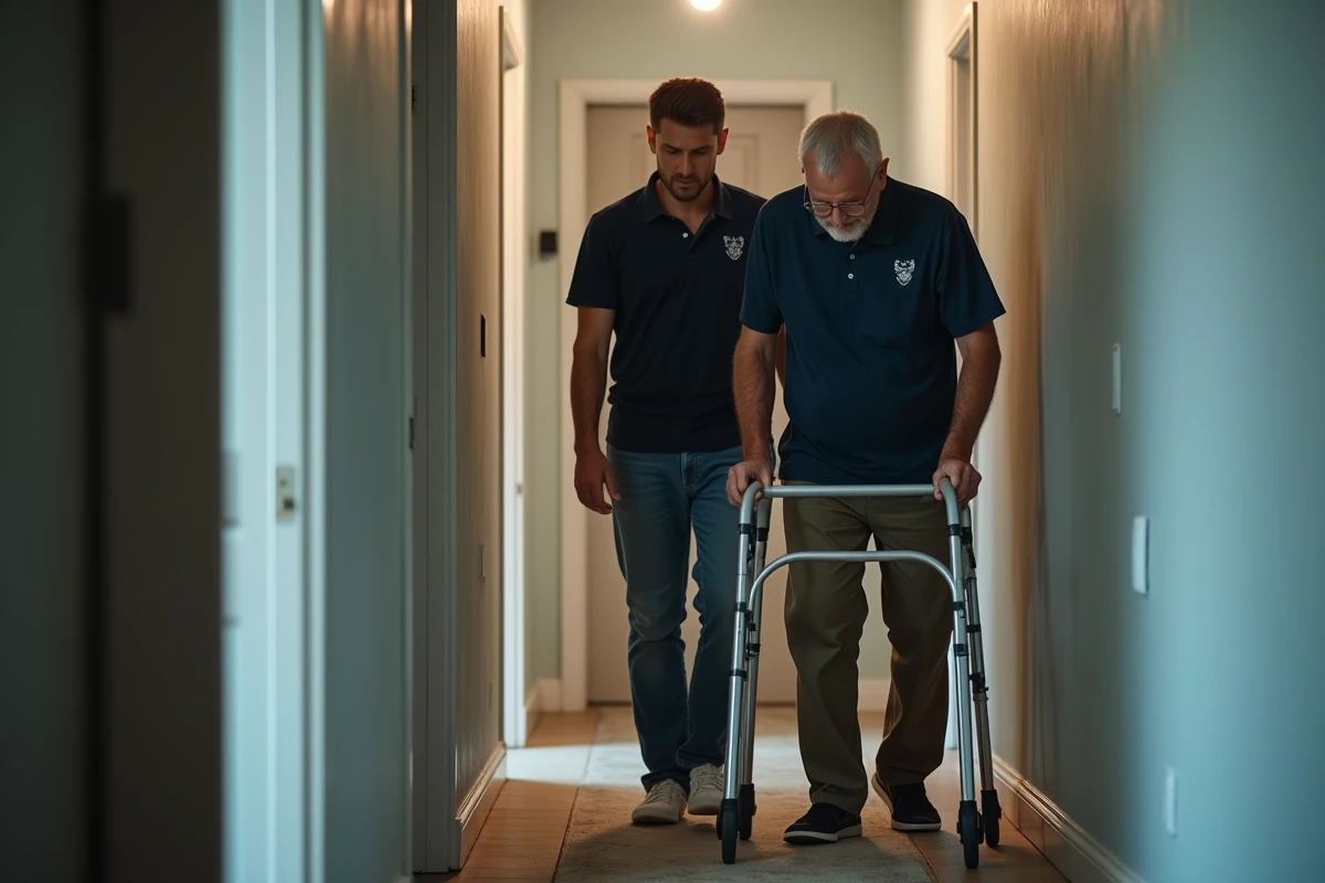 Aidant ADMR accompagnant une personne handicapée dans son appartement avec un déambulateur