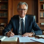 Avocat en costume marine consultant des textes de loi dans un bureau juridique avec bibliothèque