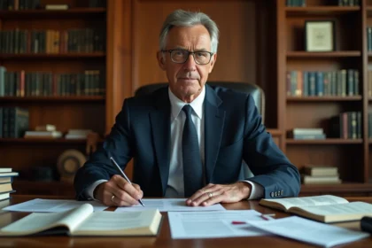 Avocat en costume marine consultant des textes de loi dans un bureau juridique avec bibliothèque