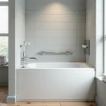 Baignoire PMR moderne avec barres d'appui et siège intégré dans une salle de bain accessible rénovée