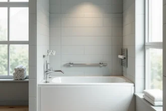 Baignoire PMR moderne avec barres d'appui et siège intégré dans une salle de bain accessible rénovée