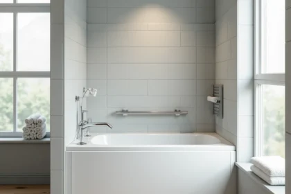 Baignoire PMR moderne avec barres d'appui et siège intégré dans une salle de bain accessible rénovée