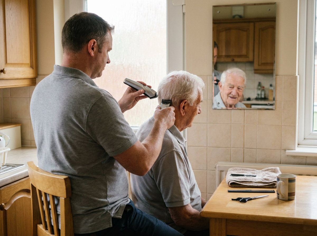 Coiffeur homme à domicile coupant les cheveux d'un senior masculin dans une cuisine, coiffure à domicile pour personnes âgées