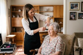 Coiffeuse à domicile coiffant une femme âgée dans son salon, service de coiffure senior à domicile