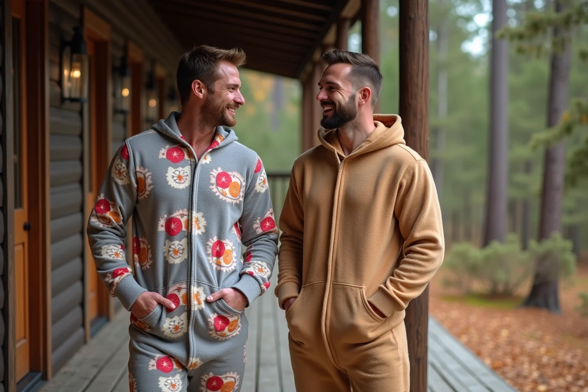 Comparaison de deux grenouillères adultes homme, modèle économique et haut de gamme, portées sur un porche de chalet en automne