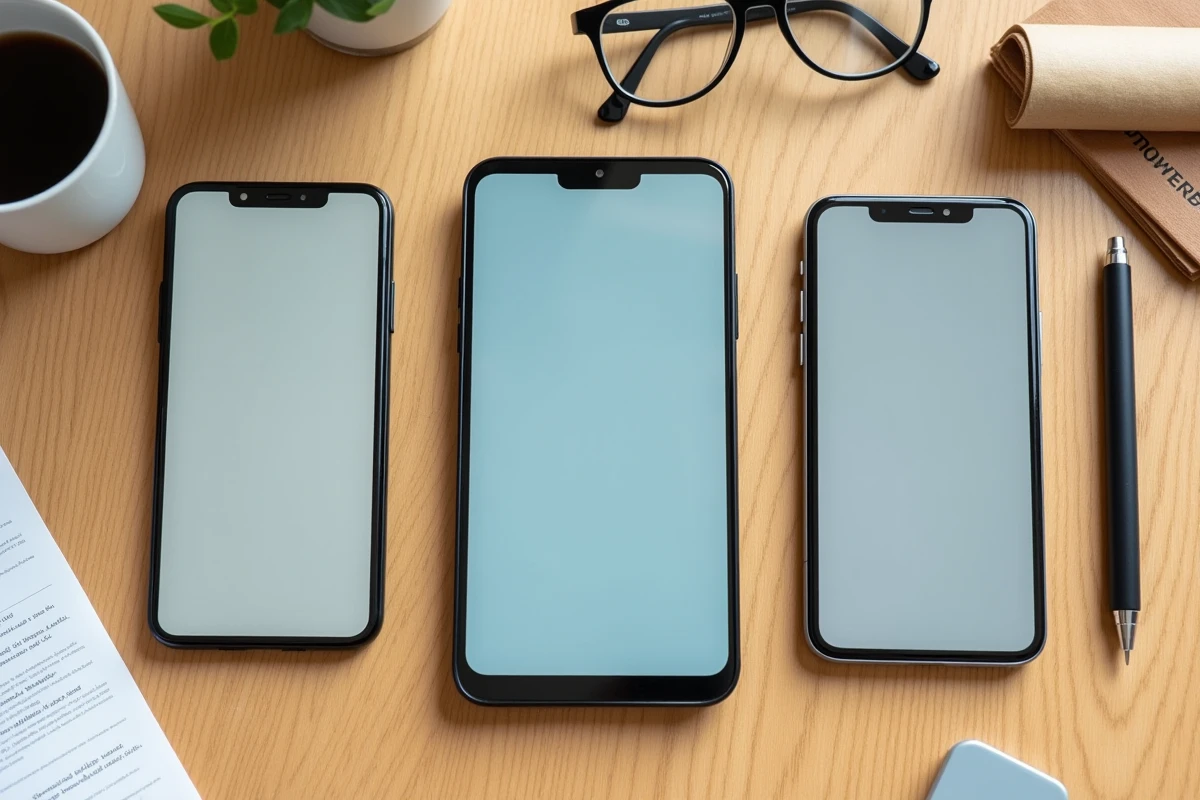 Vue à plat de trois téléphones mobiles simples avec grands boutons sur une surface en bois avec accessoires du quotidien