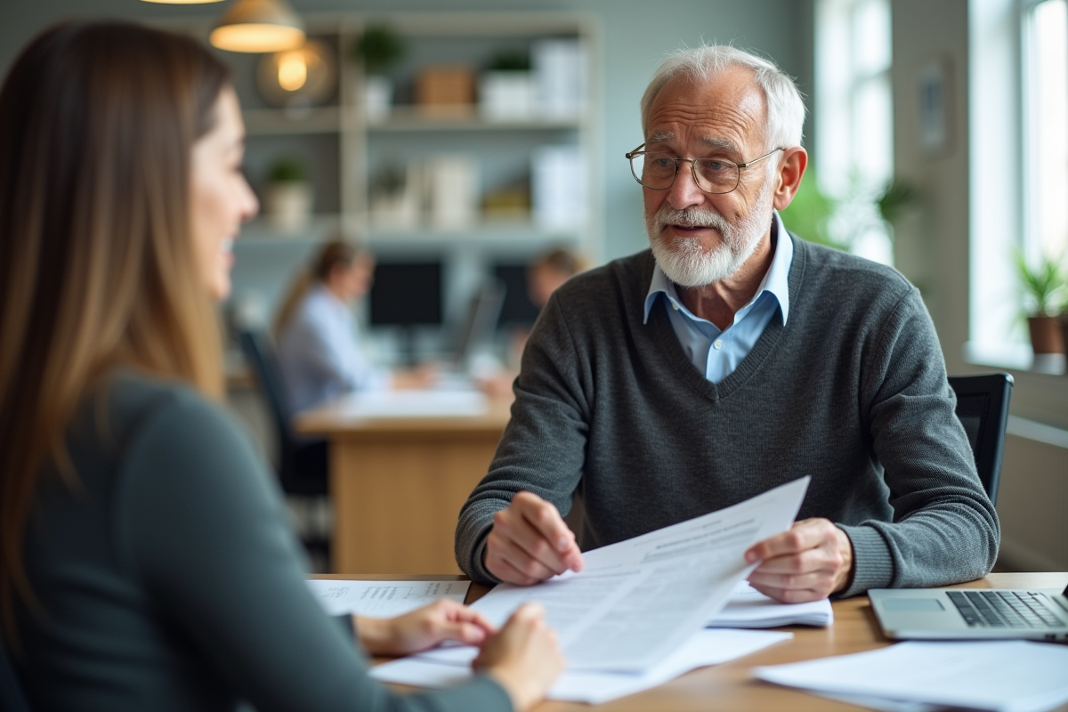 Homme âgé discutant avec conseiller dans un bureau d