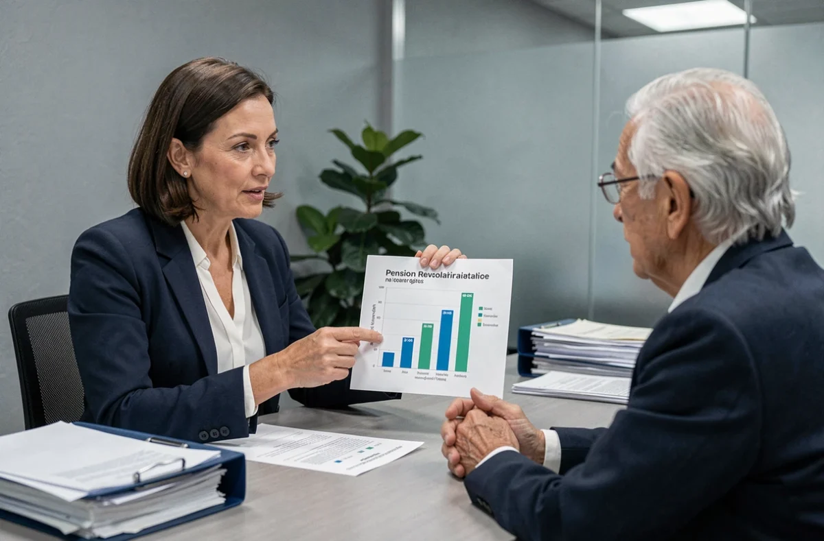 Conseillère financière expliquant les scénarios de revalorisation des retraites Agirc Arrco à un client senior
