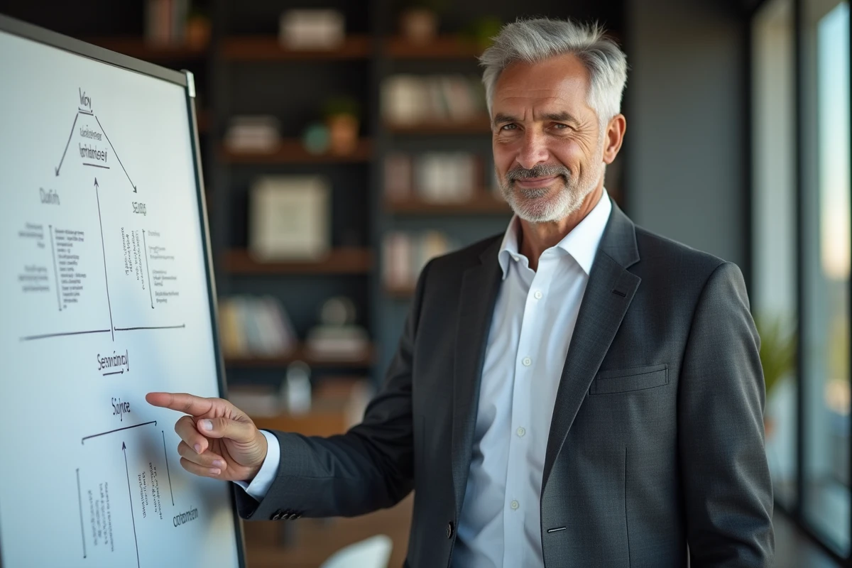 Consultant senior homme de 50 ans animant une session de coaching stratégique dans un cabinet de conseil
