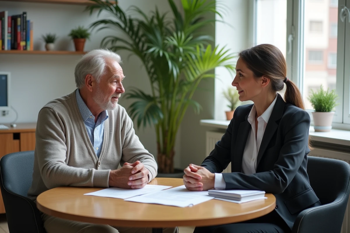 Homme age discutant avec une conseillère en assurance santé