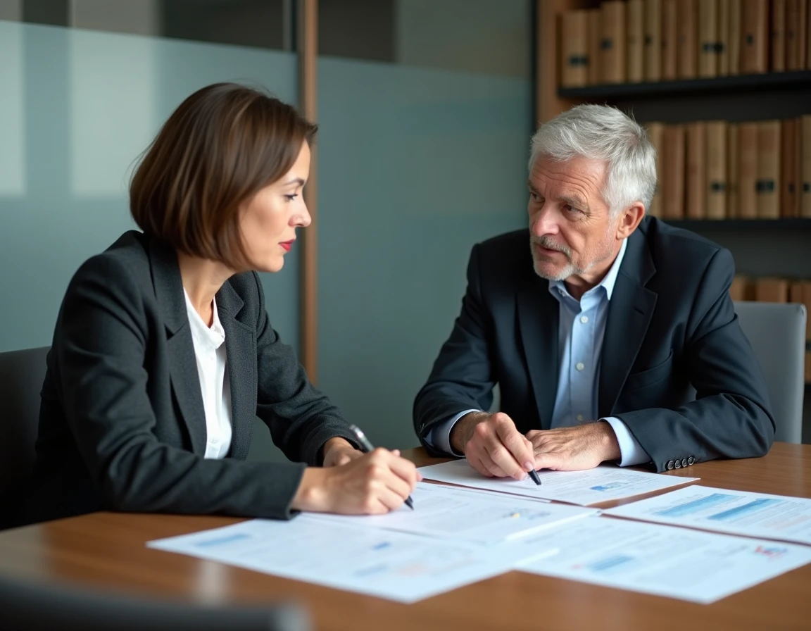 Gendarme retraité en consultation avec une avocate spécialisée pour contester une erreur de calcul de retraite