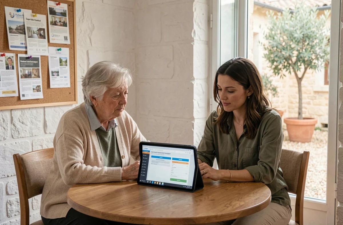 Conseillère et senior en consultation pour des solutions d'accompagnement à domicile avant l'EHPAD à Nîmes