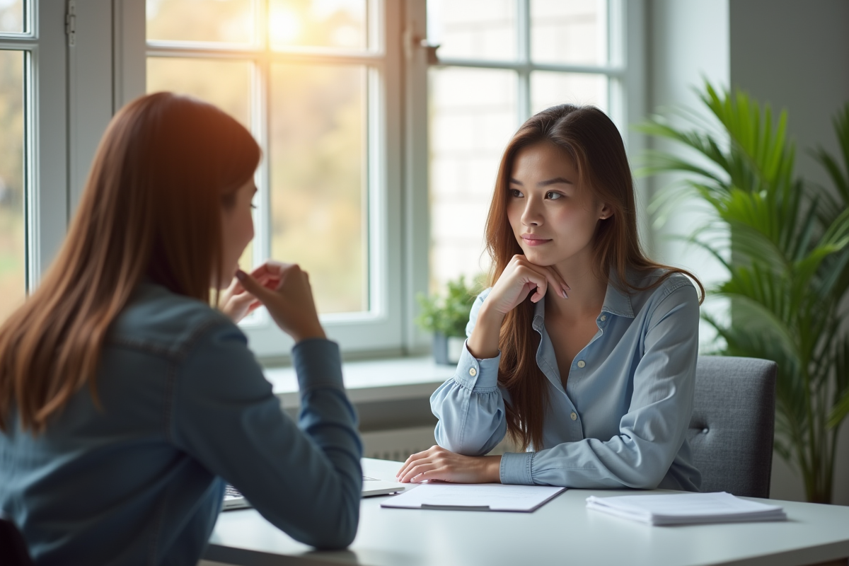Jeune femme discutant avec un travailleur social dans un bureau lumineux