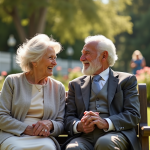 Couple age d or dans un jardin ensoleille
