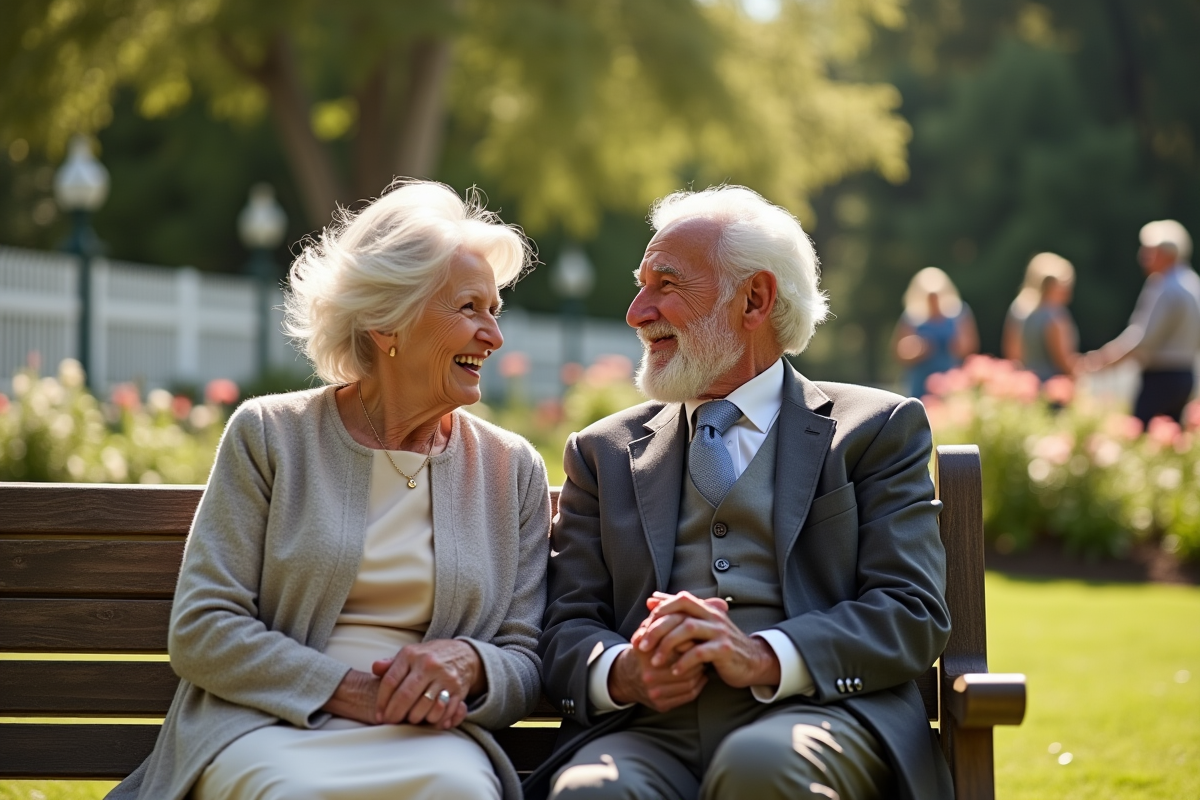 Couple age d or dans un jardin ensoleille