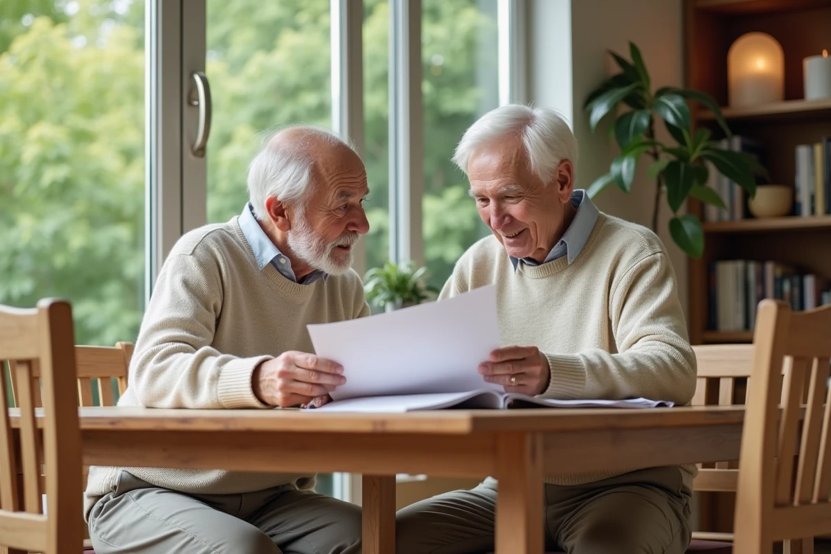 Couple âgé lisant des documents dans un appartement lumineux