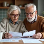 Couple retraité étudiant des papiers fiscaux dans la cuisine