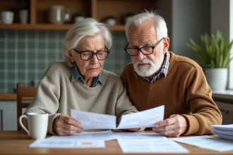 Couple retraité étudiant des papiers fiscaux dans la cuisine