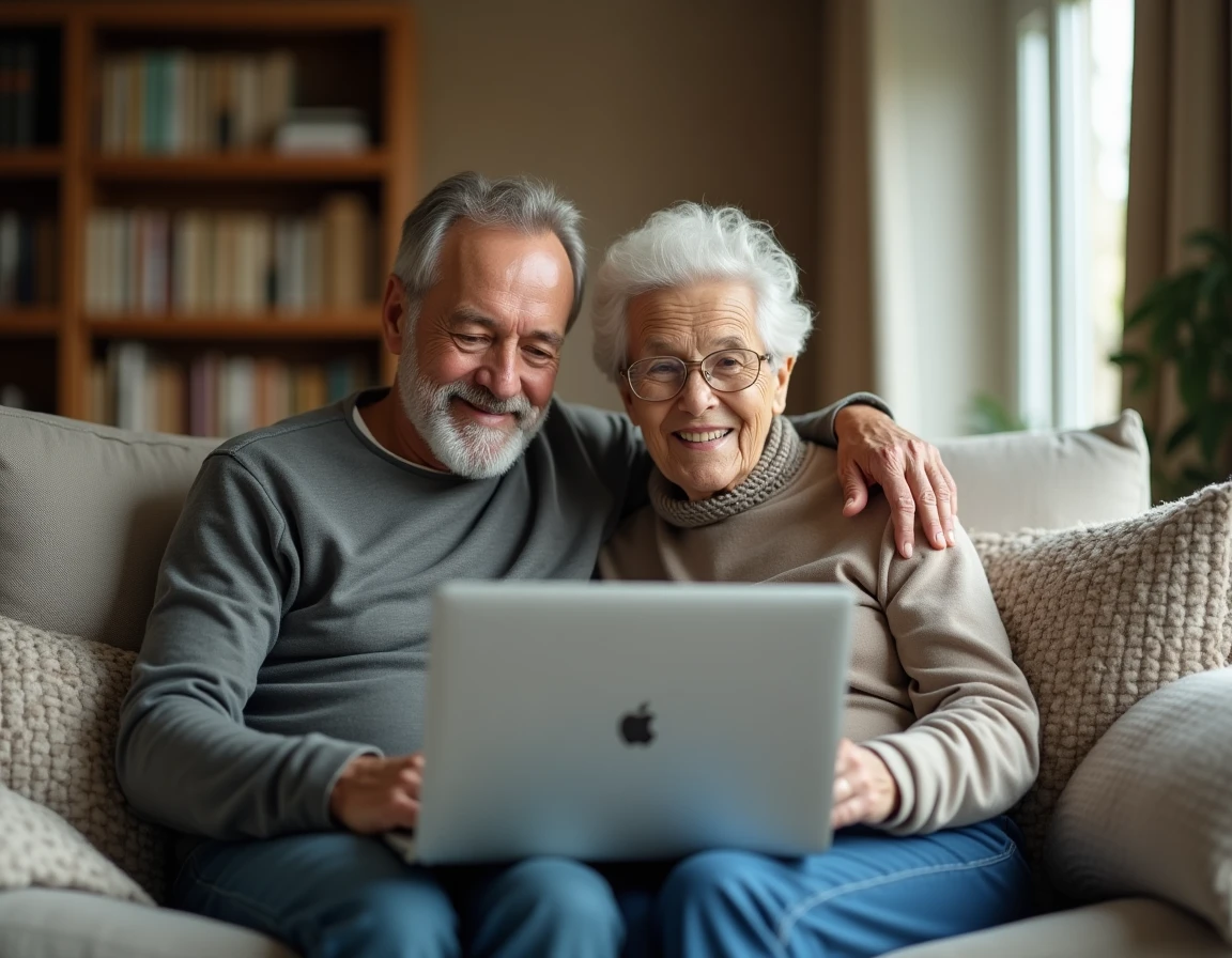 Couple de retraités consultant leur espace Agirc-Arrco en ligne sur un ordinateur portable