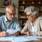 Couple de retraités examinant des documents fiscaux et des relevés de pension à une table en bois dans leur cuisine