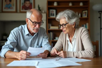 Couple de retraités examinant des documents fiscaux et des relevés de pension à une table en bois dans leur cuisine