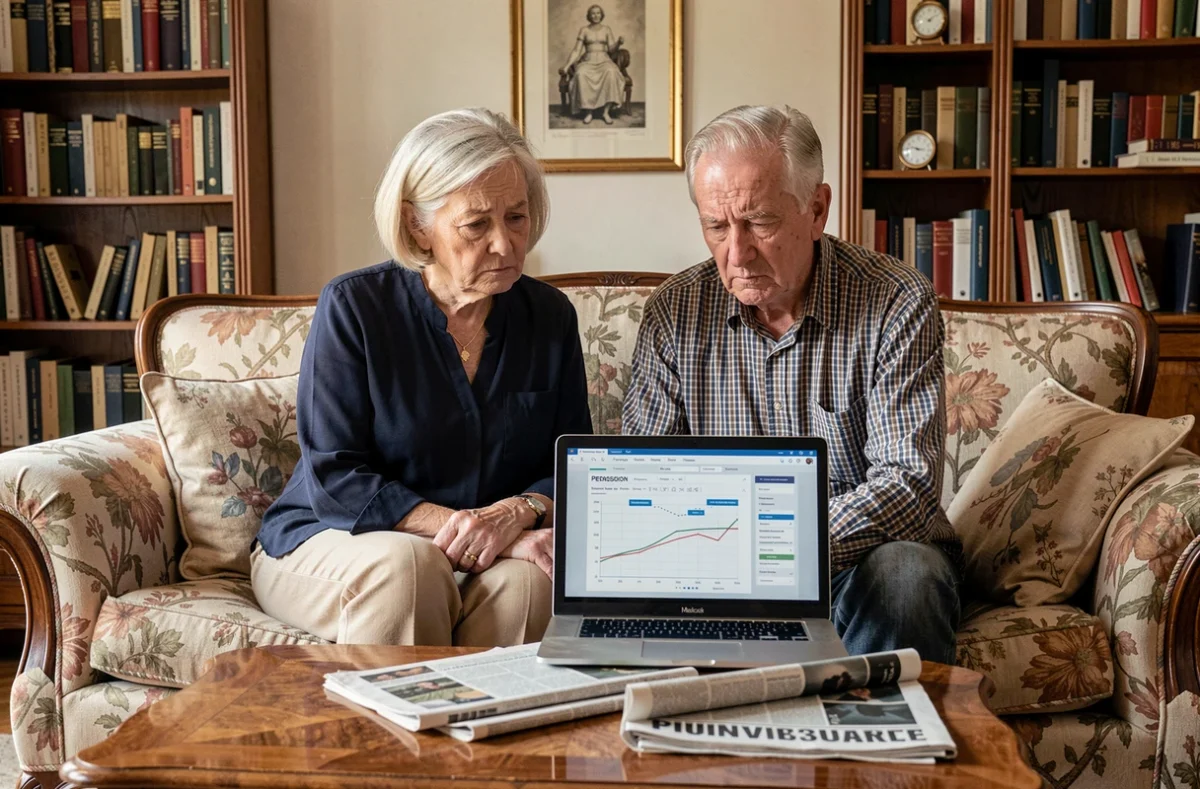Couple de retraités consultant des projections de retraite complémentaire sur un ordinateur portable