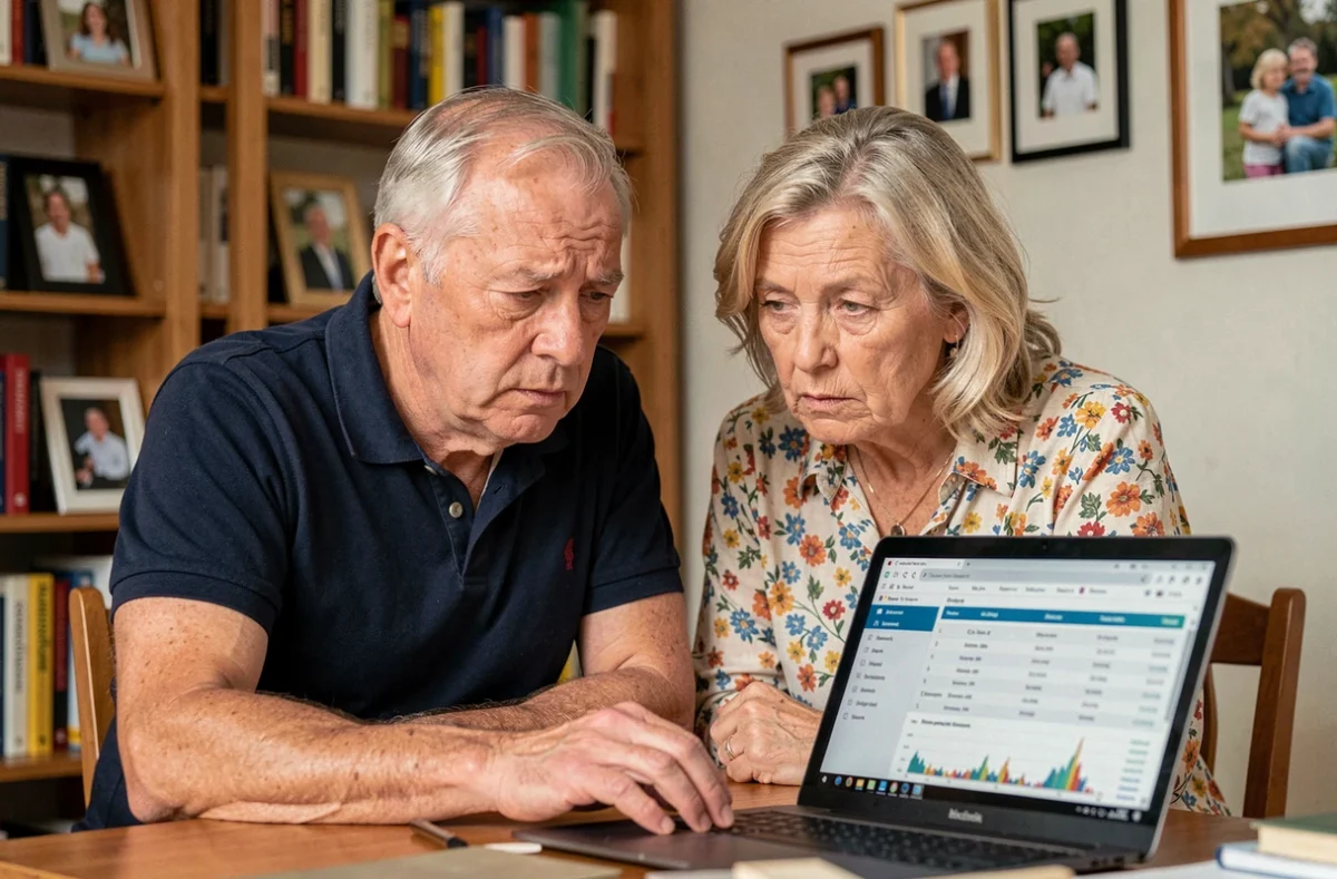 Couple de retraités du secteur privé consultant leurs droits à la retraite en ligne sur un ordinateur portable