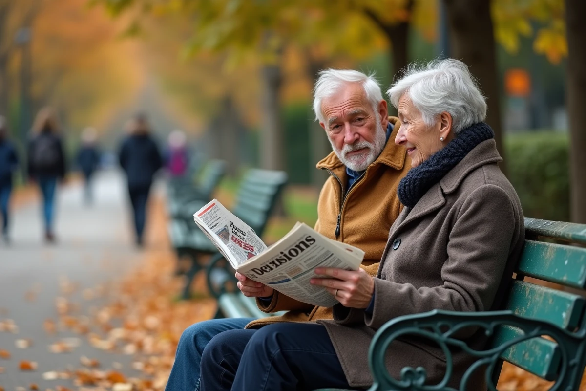 Couple de retraités dans un parc français discutant d'un article de journal sur la taxe des retraités en 2026