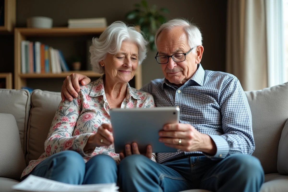Couple de retraités SNCF consultant une tablette pour résoudre une erreur de connexion à l'Agence Famille
