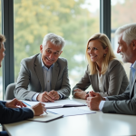 Couple souriant avec conseiller financier en réunion