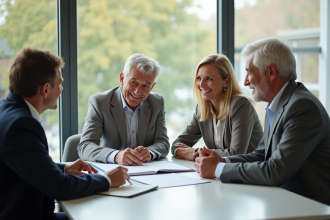 Couple souriant avec conseiller financier en réunion