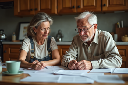 Une femme d'âge moyen et un homme âgé examinent des papiers dans la cuisine