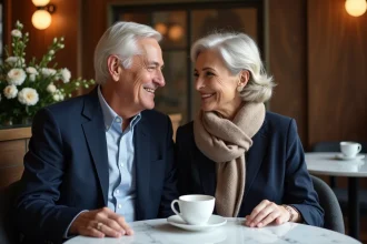 Couple senior élégant discutant dans un café chic