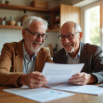 Couple senior souriant à la maison en examinant des documents financiers