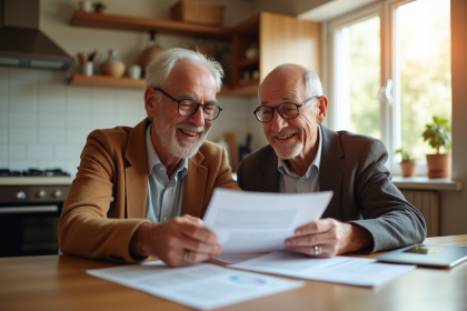 Couple senior souriant à la maison en examinant des documents financiers