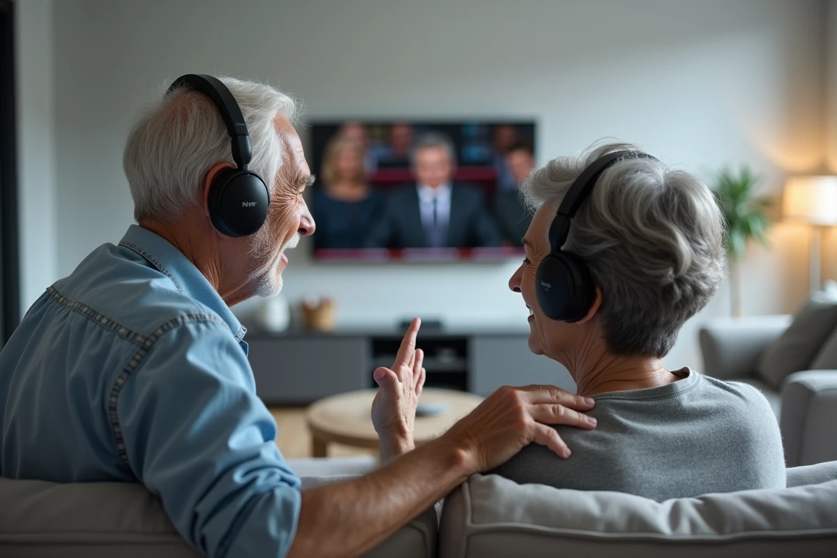 Couple de seniors regardant la télévision avec un casque amplificateur pour malentendant